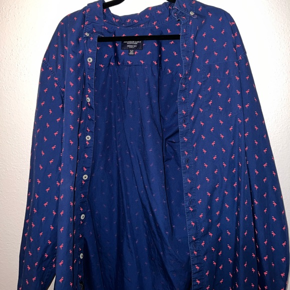 American Eagle Outfitters Other - American Eagle Blue Classic Seriously Soft Pink Flamingo Button Down Shirt XL